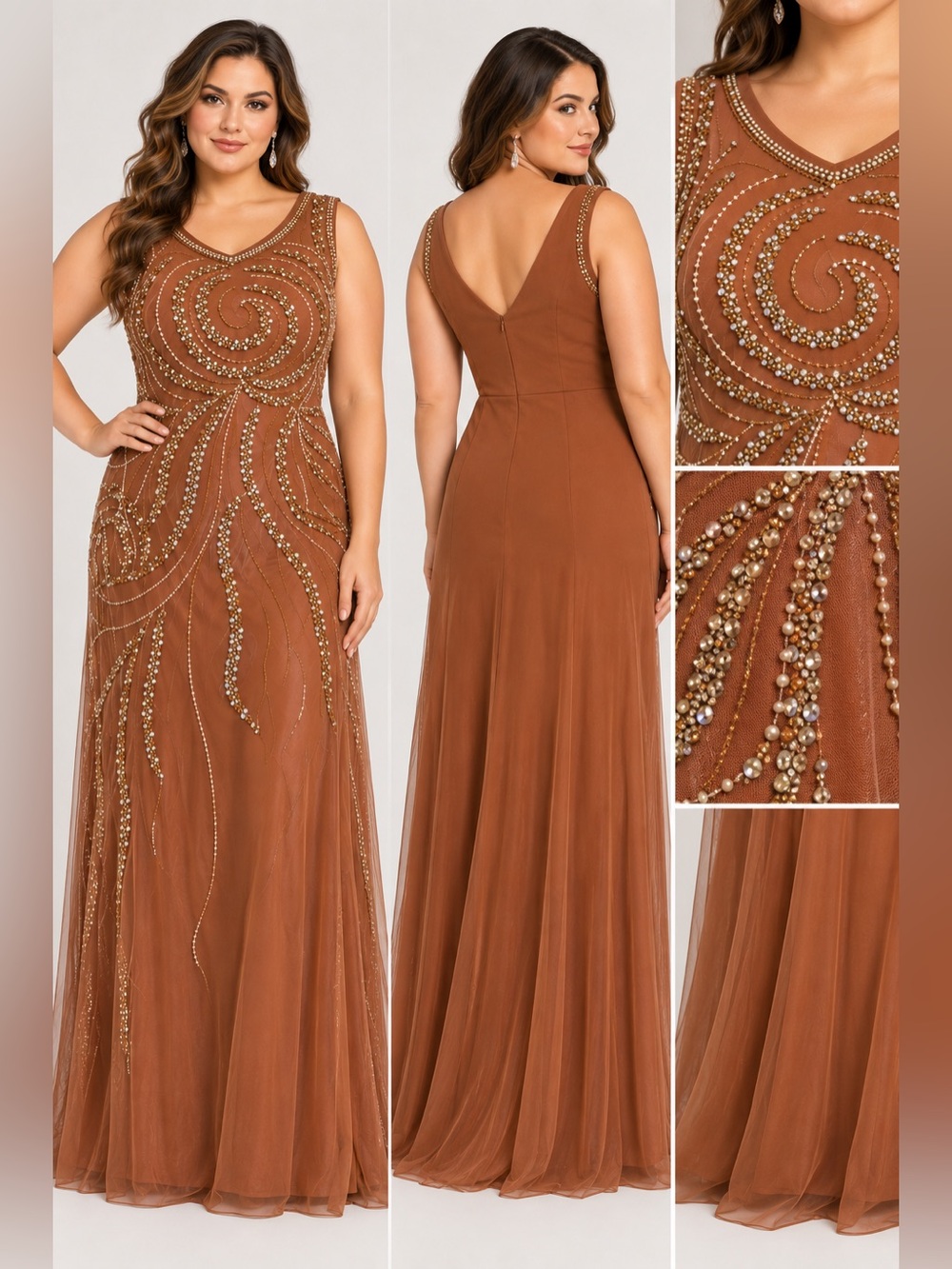 Plus Size 16W Brown Gold Beaded Embellished Formal Maxi Gown NWOT